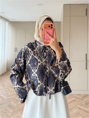 Floral Önü Bağlamalı Jakar Ceket Ekru-Mor (4587)