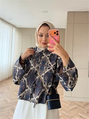 Floral Önü Bağlamalı Jakar Ceket Ekru-Mor (4587)