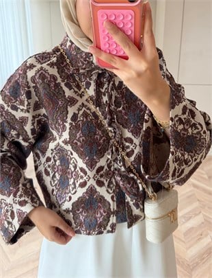 Floral Önü Bağlamalı Jakar Ceket Krem-Bordo (4587)