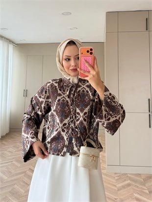 Floral Önü Bağlamalı Jakar Ceket Krem-Bordo (4587)