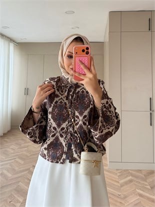 Floral Önü Bağlamalı Jakar Ceket Krem-Bordo (4587)