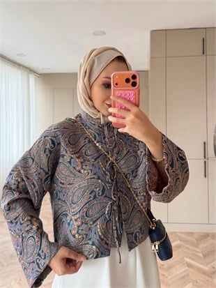 Floral Önü Bağlamalı Jakar Ceket Lacivert (4587)