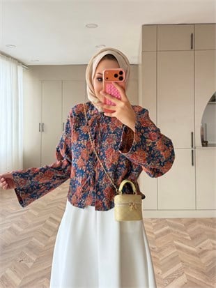Floral Önü Bağlamalı Jakar Ceket Mavi-Turuncu (4587)