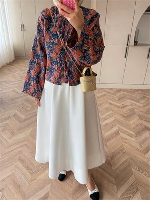 Floral Önü Bağlamalı Jakar Ceket Mavi-Turuncu (4587)
