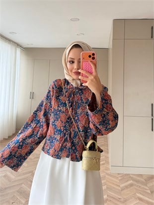 Floral Önü Bağlamalı Jakar Ceket Mavi-Turuncu (4587)