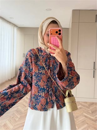 Floral Önü Bağlamalı Jakar Ceket Mavi-Turuncu (4587)