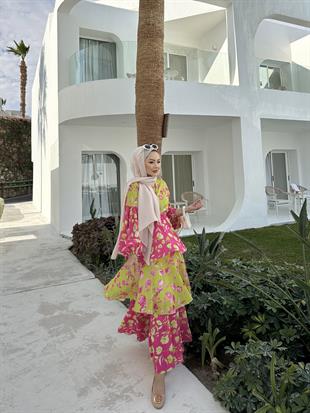 Flory Elbise Yağ Yeşili Pembe