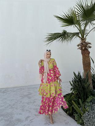 Flory Elbise Yağ Yeşili Pembe