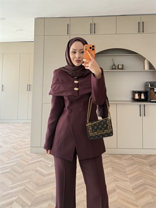 Flow Pelerinli Ceket Takım Mürdüm (4460)