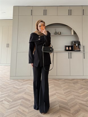 Flow Pelerinli Ceket Takım Siyah (4460)