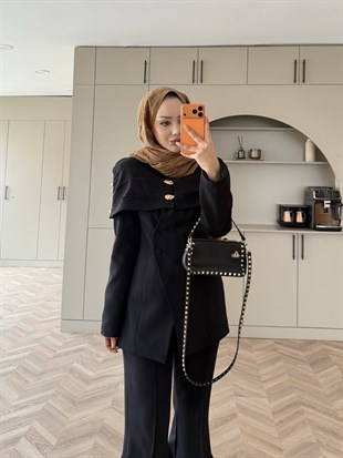 Flow Pelerinli Ceket Takım Siyah (4460)