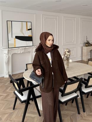 Gloria Peluş Yakalı Triko Ceket Acı Kahve