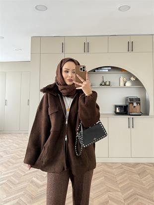 Gloria Peluş Yakalı Triko Ceket Acı Kahve