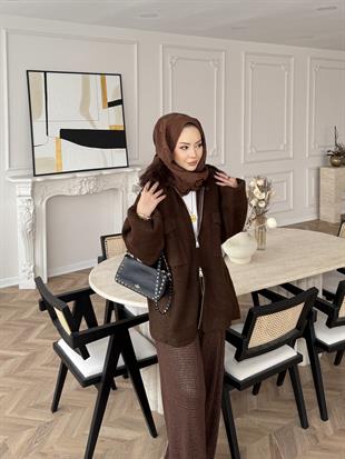 Gloria Peluş Yakalı Triko Ceket Acı Kahve