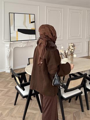 Gloria Peluş Yakalı Triko Ceket Acı Kahve