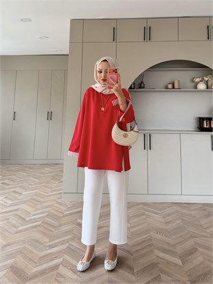 Garnili Oversize Sweat Kırmızı (3521)