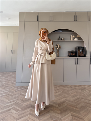 Gazel Önden Yırtmaçlı Etekli Takım Bej (4417)