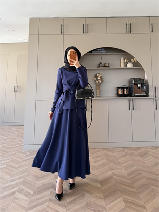 Gazel Önden Yırtmaçlı Etekli Takım Lacivert (4417)