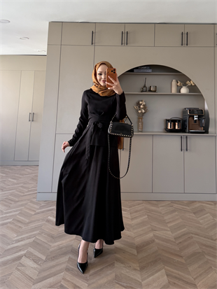 Gazel Önden Yırtmaçlı Etekli Takım Siyah (4417)