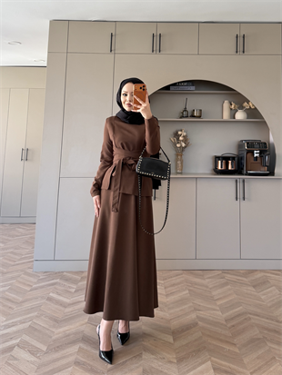 Gazel Önden Yırtmaçlı Etekli Takım Acı Kahve (4417)