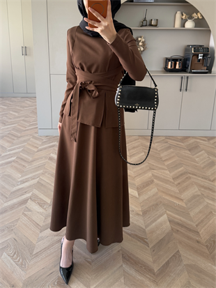 Gazel Önden Yırtmaçlı Etekli Takım Acı Kahve (4417)