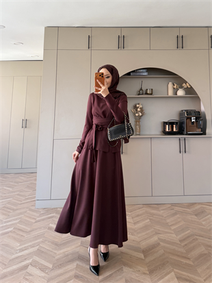 Gazel Önden Yırtmaçlı Etekli Takım Bordo (4417)