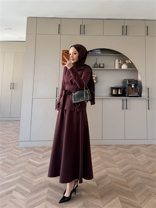 Gazel Önden Yırtmaçlı Etekli Takım Bordo (4417)