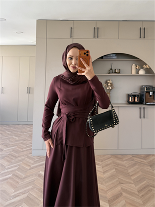 Gazel Önden Yırtmaçlı Etekli Takım Bordo (4417)