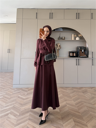 Gazel Önden Yırtmaçlı Etekli Takım Bordo (4417)