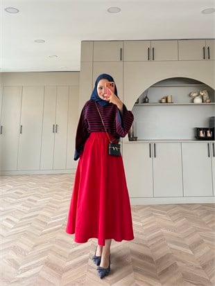 Geniş Kollu Çizgili Triko Kazak Lacivert