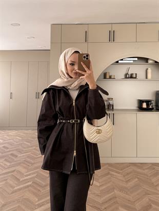 Miray Geniş Yaka Çift Fermuarlı Kot Takım Acı Kahve (4066)