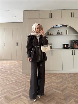 Miray Geniş Yaka Çift Fermuarlı Kot Takım Acı Kahve (4066)