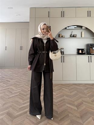 Miray Geniş Yaka Çift Fermuarlı Kot Takım Acı Kahve (4066)