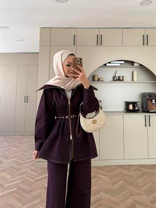 Miray Geniş Yaka Çift Fermuarlı Kot Takım Mürdüm (4066)