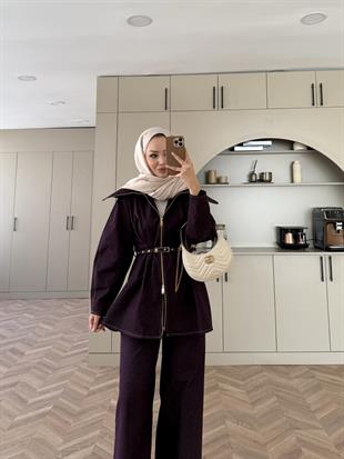 Miray Geniş Yaka Çift Fermuarlı Kot Takım Mürdüm (4066)