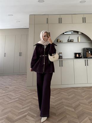 Miray Geniş Yaka Çift Fermuarlı Kot Takım Mürdüm (4066)