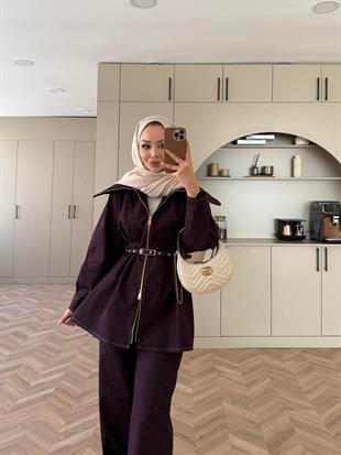 Miray Geniş Yaka Çift Fermuarlı Kot Takım Mürdüm (4066)