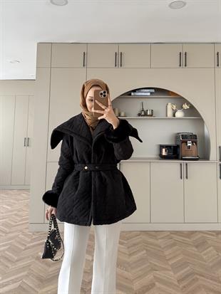 Geniş Yaka Kapitone Mont Bordo