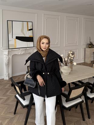 Geniş Yaka Kapitone Mont Bordo