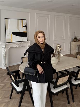 Geniş Yaka Kapitone Mont Bordo