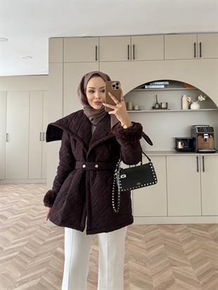 Geniş Yaka Kapitone Mont Mürdüm