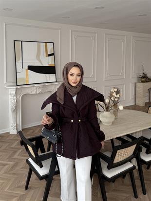 Geniş Yaka Kapitone Mont Mürdüm