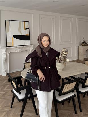 Geniş Yaka Kapitone Mont Mürdüm