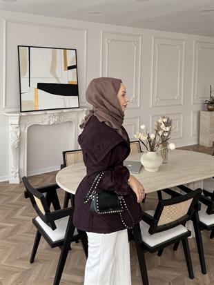 Geniş Yaka Kapitone Mont Mürdüm