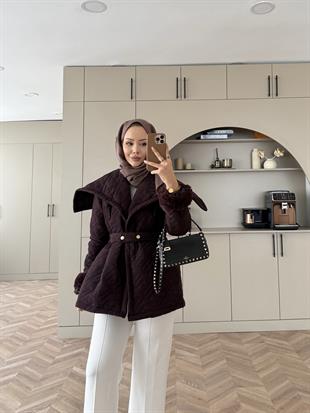 Geniş Yaka Kapitone Mont Mürdüm