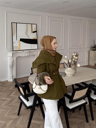 Geniş Yaka Kapitone Mont Yağ Yeşil