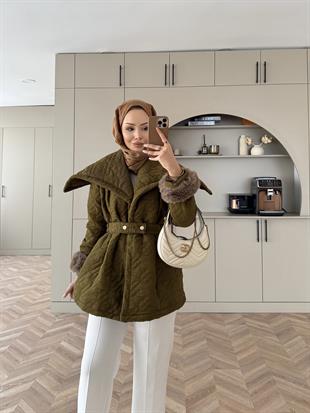 Geniş Yaka Kapitone Mont Yağ Yeşil