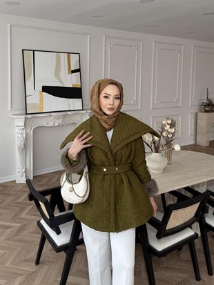 Geniş Yaka Kapitone Mont Yağ Yeşil