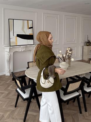 Geniş Yaka Kapitone Mont Yağ Yeşil