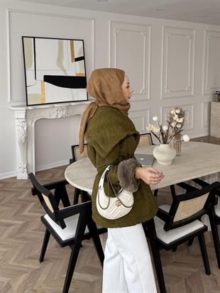 Geniş Yaka Kapitone Mont Yağ Yeşil